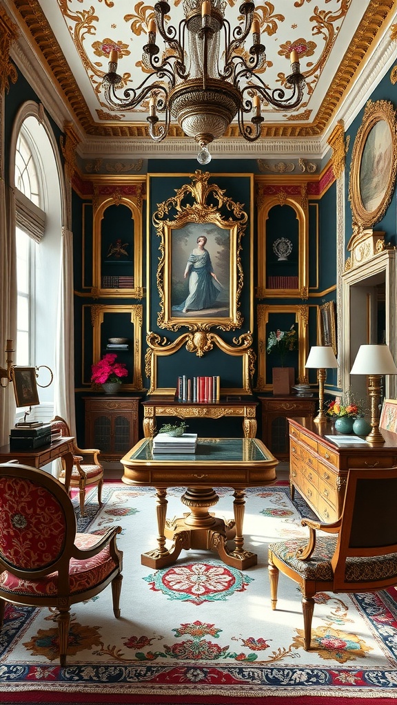 A luxurious home office featuring Baroque opulence with gold accents, deep blue walls, and elegant furniture.