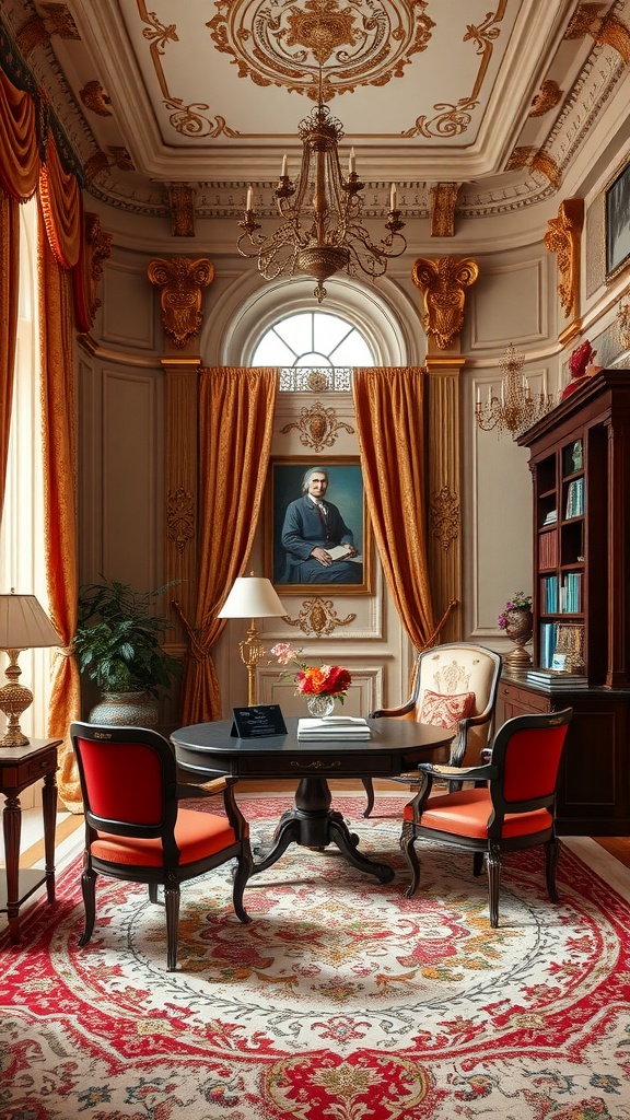 A luxurious home office featuring baroque architecture with ornate ceiling, rich drapes, and elegant furniture.