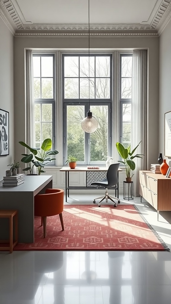 A modern home office with large windows, plants, and a stylish desk, showcasing Bauhaus simplicity.
