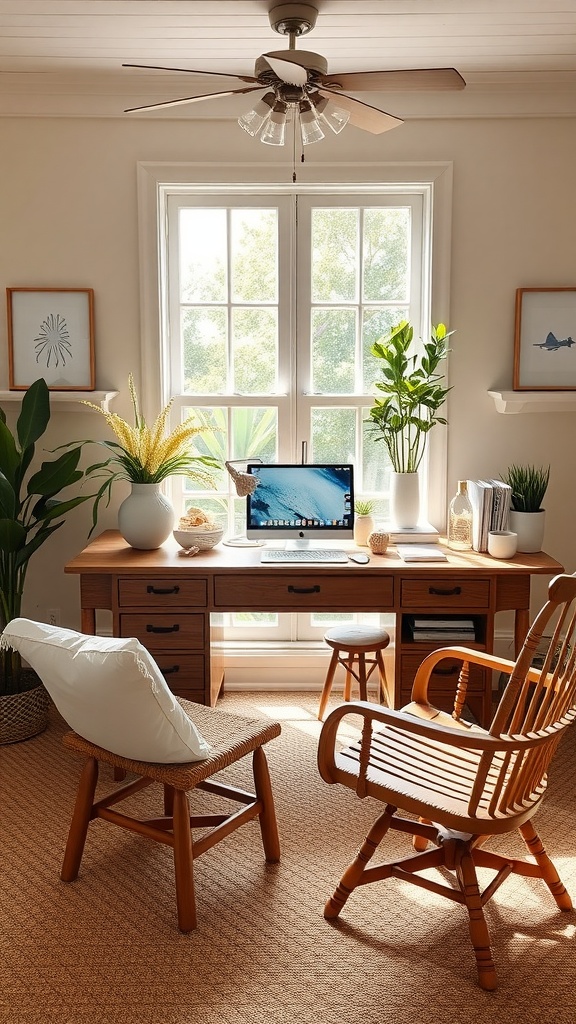A bright home office with beach-inspired decor, featuring plants and a wooden desk.