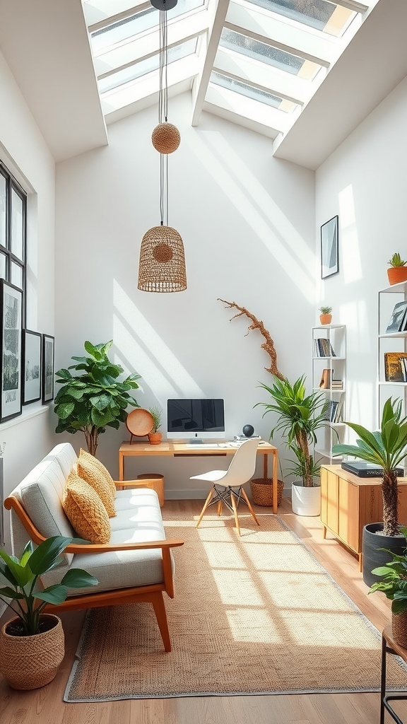 A bright and airy home office with natural light, plants, and organic furniture.
