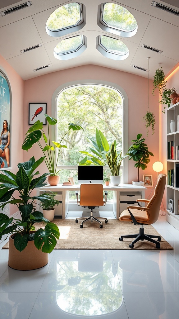 A modern home office filled with plants, natural light, and a comfortable workspace.