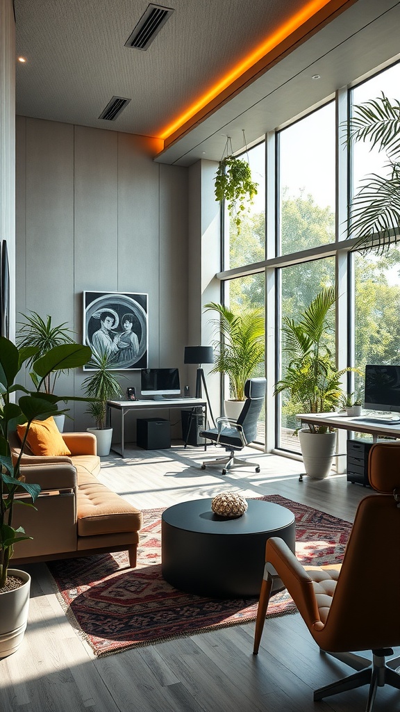 A modern home office featuring large windows, plants, and sleek furniture.