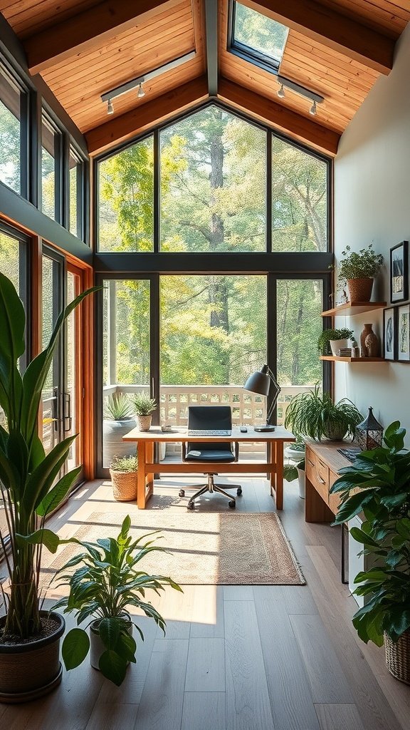 A bright home office with large windows, wooden beams, and plants, showcasing biophilic design.