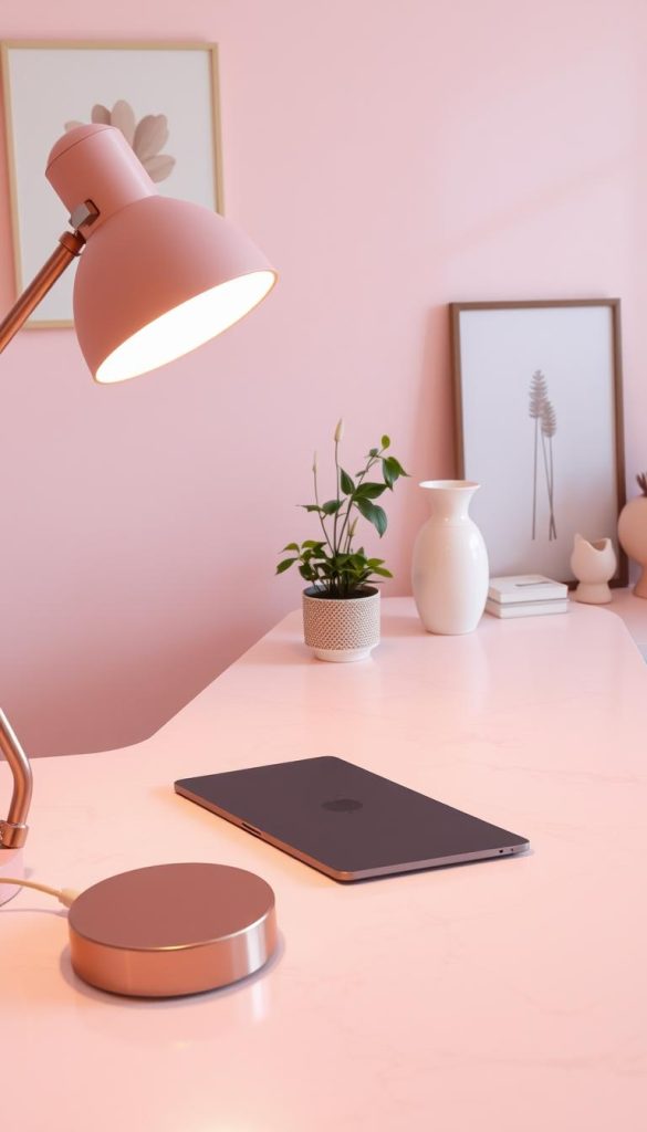 blush and marble desk setup