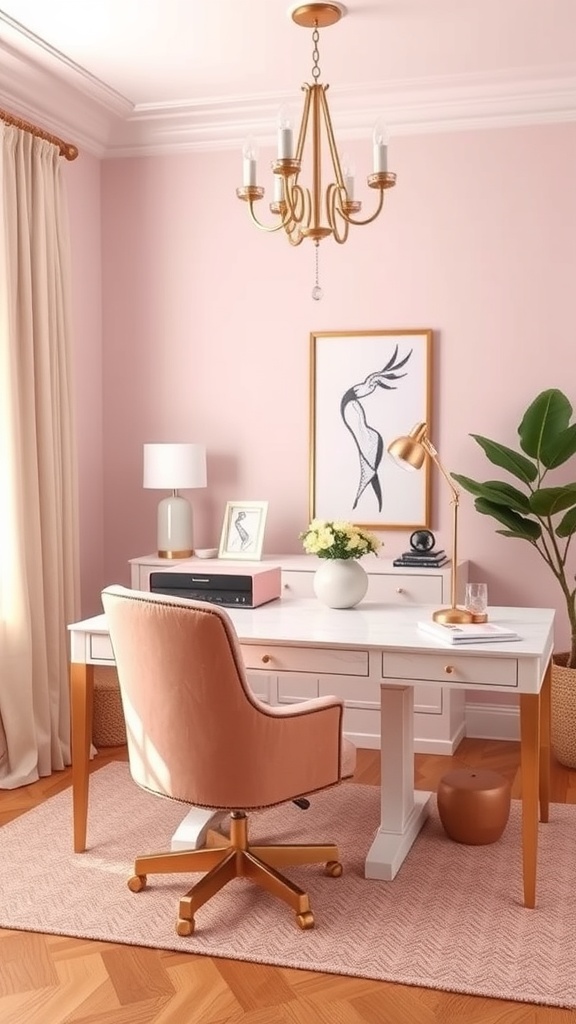 A stylish blush pink and marble home office with a chic desk, plush chair, and elegant decor.