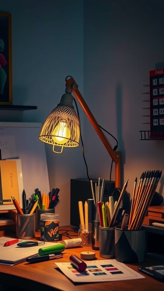 A decorative desk lamp with a woven shade, illuminating a cluttered desk filled with art supplies and stationary.