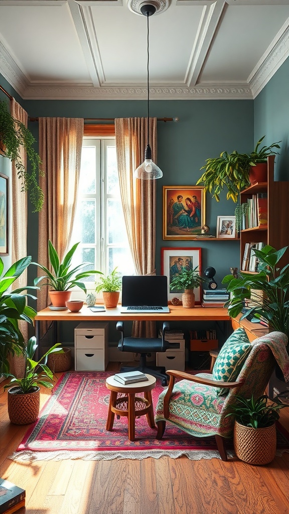 A cozy home office featuring plants, a wooden desk, colorful decor, and natural light.