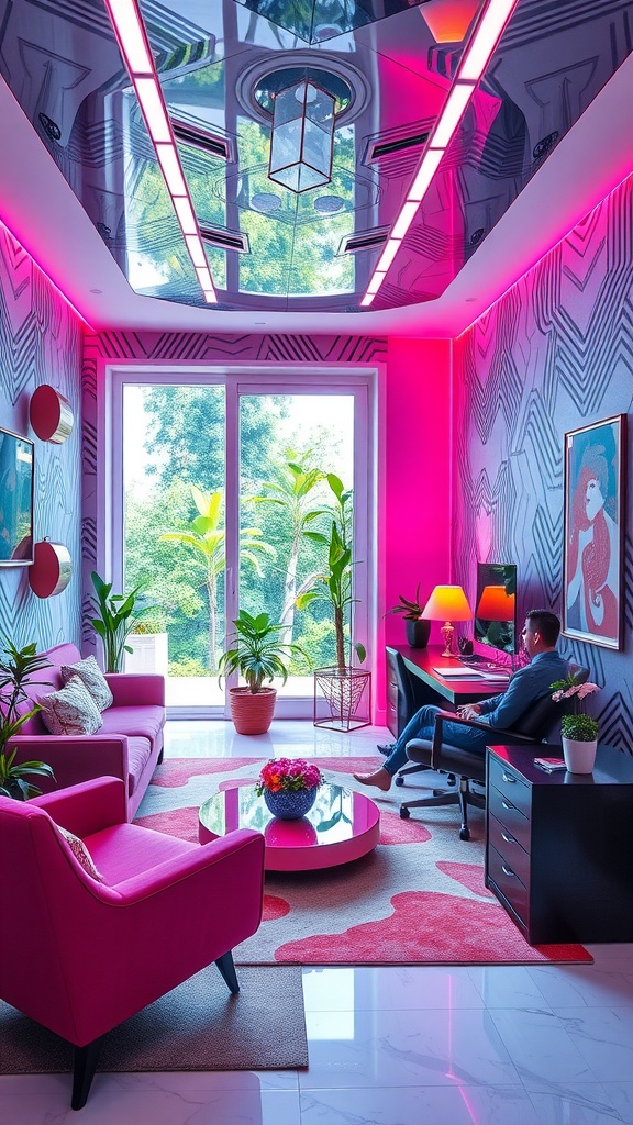 Vibrant home office with pink accents, modern furniture, and geometric patterns.