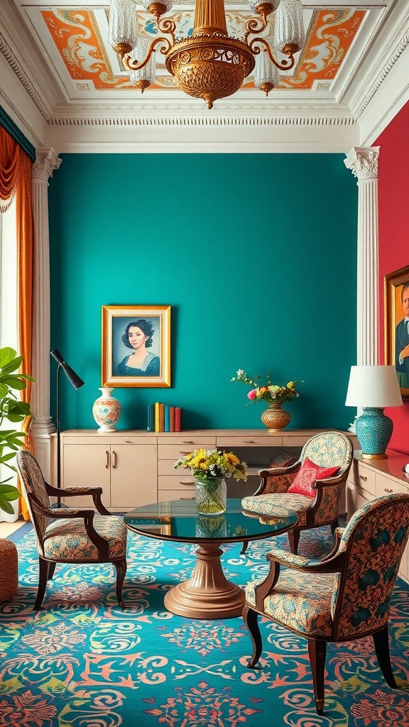 A stylish home office featuring bold classical patterns with a vibrant color scheme and elegant furniture.