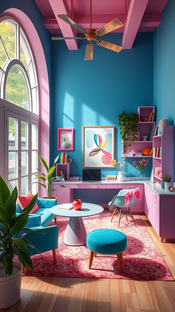 A vibrant home office with blue walls, pink accents, and colorful furniture.