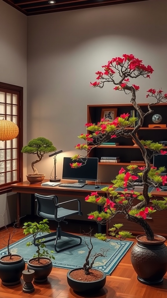 A serene home office with bonsai trees, a wooden desk, and a modern chair, showcasing a blend of nature and functionality.