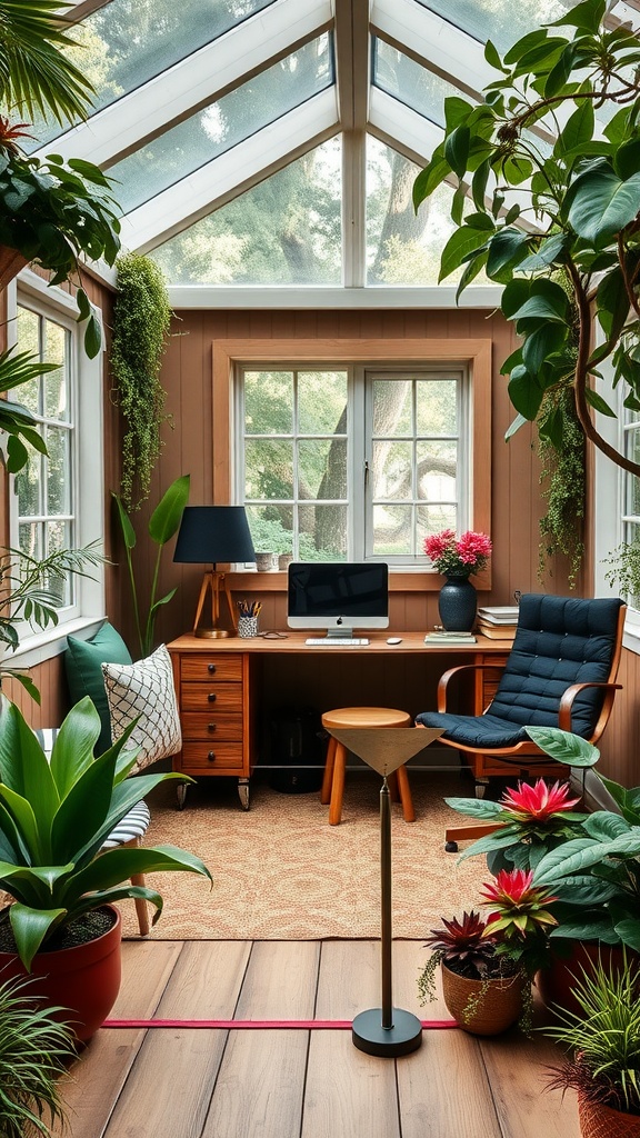 A cozy home office surrounded by plants, featuring a desk and comfortable chair with large windows.