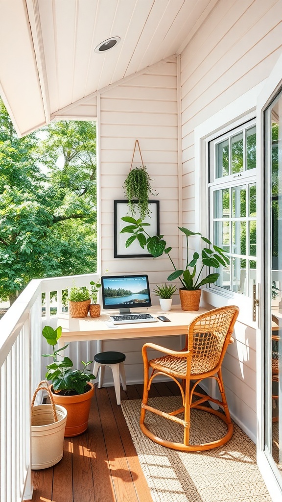 A cozy balcony office with a wooden desk, laptop, and potted plants, surrounded by greenery.