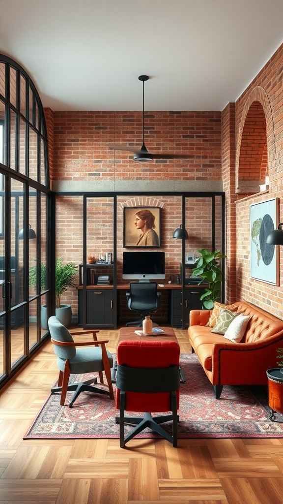 A rustic office featuring a combination of red brick walls and large glass windows, with modern furniture and a cozy atmosphere.