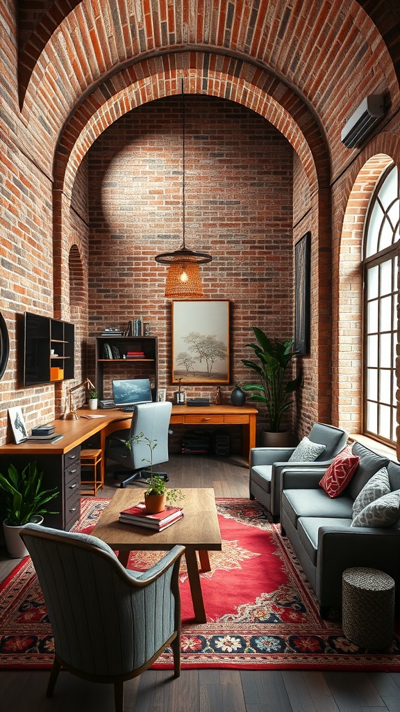 A rustic office featuring brick walls and modern furniture, creating a cozy workspace.