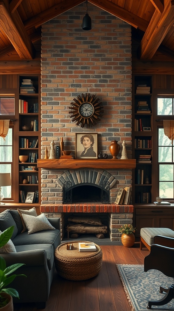 A cozy home office featuring a brick fireplace with open shelves, wooden accents, and a comfortable seating area.