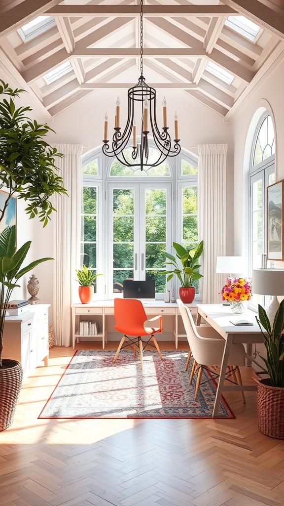 Bright and cheerful home office with large windows, elegant chandelier, and stylish furniture.