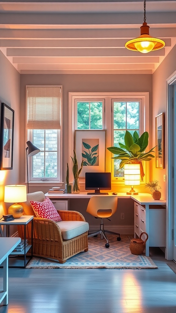 A cozy home office with bright lighting fixtures, featuring a desk, chair, and plants.