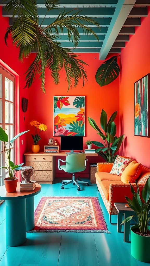 A bright home office with coral walls, tropical plants, and colorful decor, embodying a summer aesthetic.