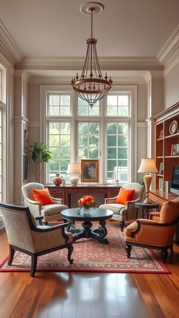 A cozy bungalow style home office featuring large windows, elegant furniture, and warm wood flooring.