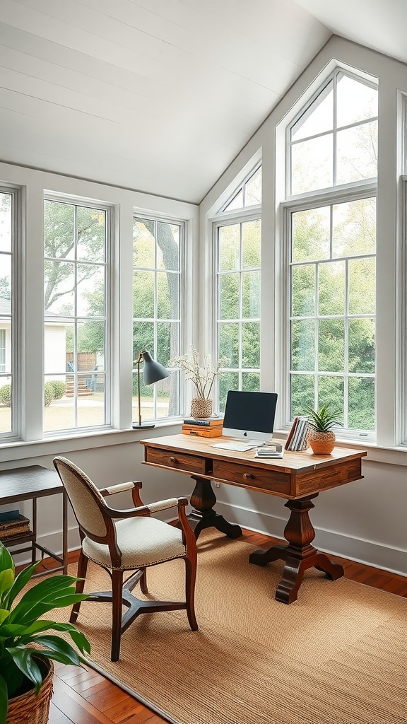 A bright bungalow style home office with large windows, wooden beams, and plants.