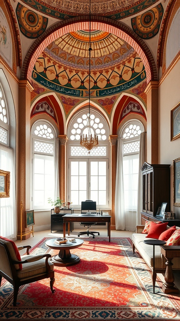 A beautifully designed home office with Byzantine architectural elements, featuring an ornate ceiling, large arched windows, and elegant furnishings.