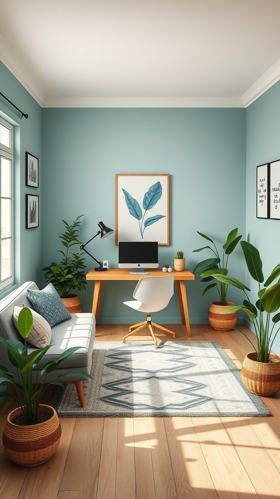 A serene home office with soft blue-green walls, plants, and a cozy seating area.