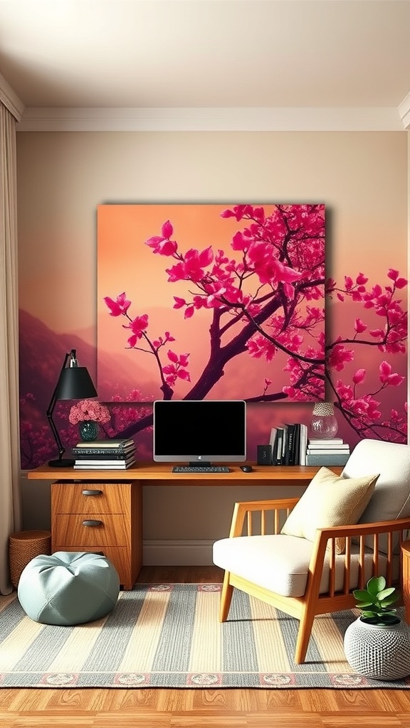 A serene home office with calming wall art featuring cherry blossoms against a sunset.