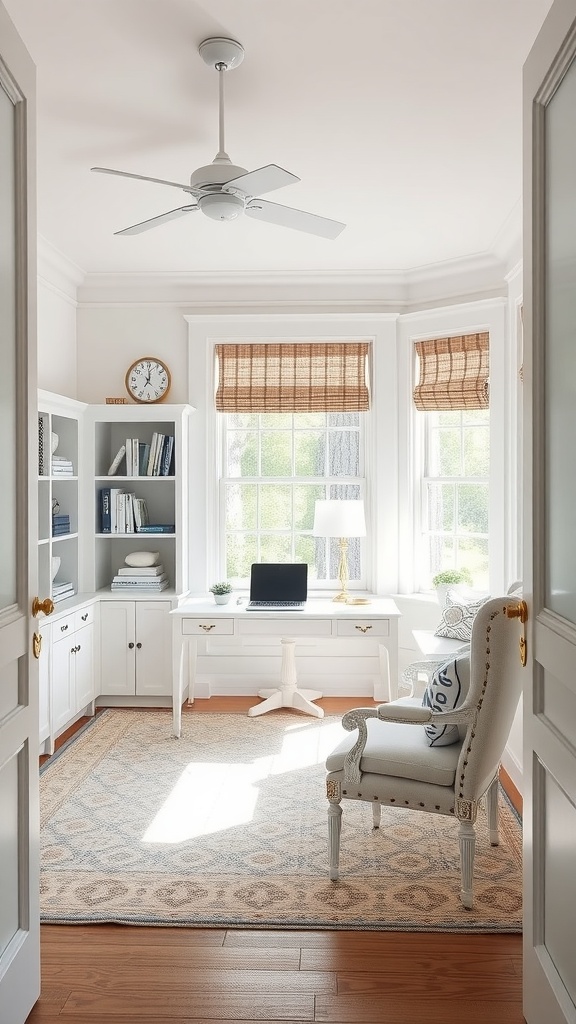 A bright and airy home office featuring a desk, chair, and plants, embodying Cape Cod simplicity.