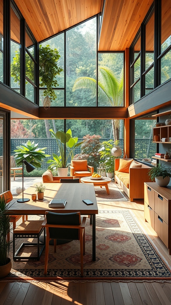 A bright and inviting home office with large windows, wooden elements, and plants, showcasing sustainable architecture principles.