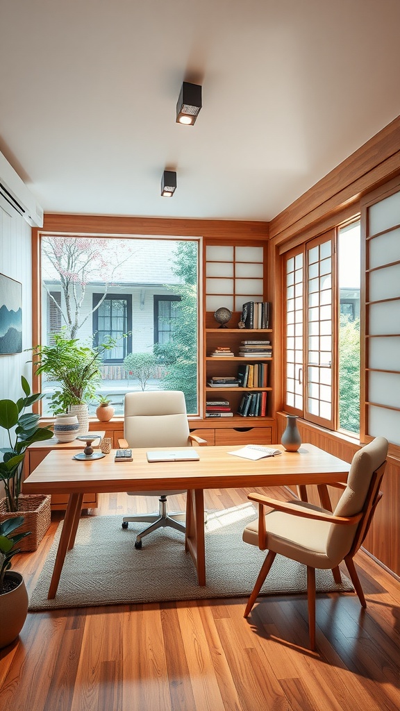 A modern home office featuring cedar wood accents, showcasing a blend of traditional Japanese architecture and contemporary design.