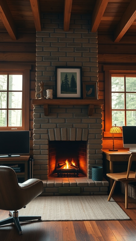 A cozy home office with a cedar wood fireplace surround, featuring a brick fireplace, wooden beams, and large windows.