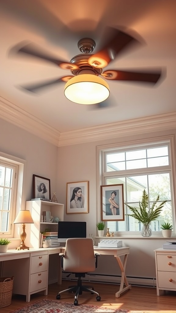 A cozy home office featuring a ceiling fan with a light fixture, desk, and plants.