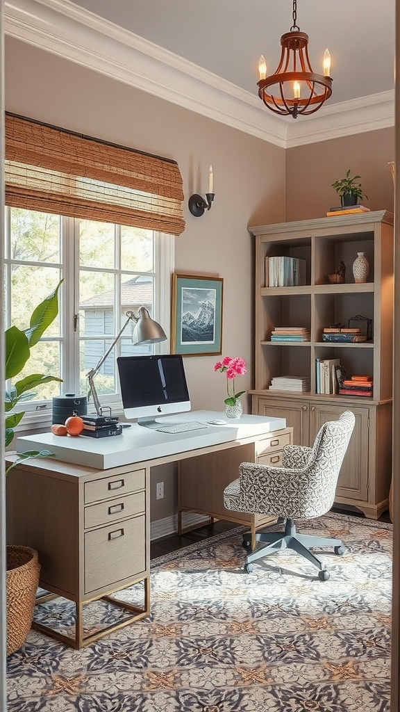 A cozy home office featuring ceramic tiles with blue and white patterns, a wooden desk, and a comfortable chair.
