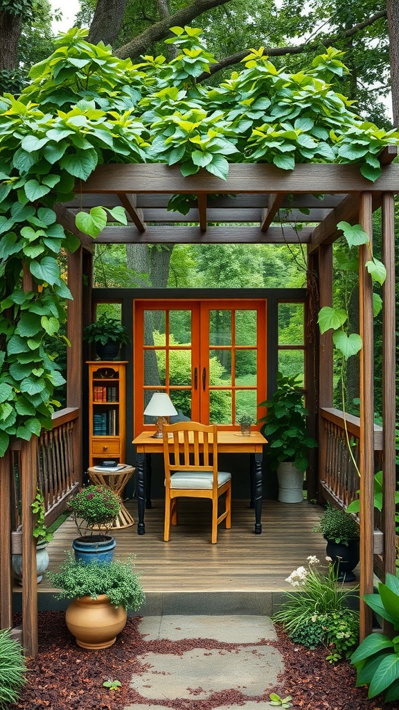 A charming pergola workspace with lush greenery and a vibrant orange window.
