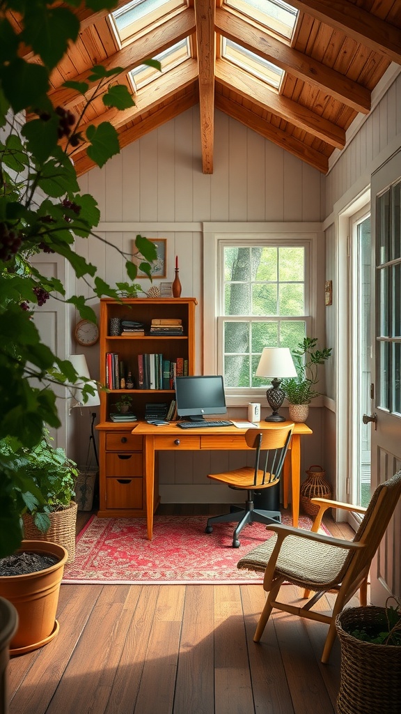 A cozy home office in a summer house with wooden beams, a desk, and plants.