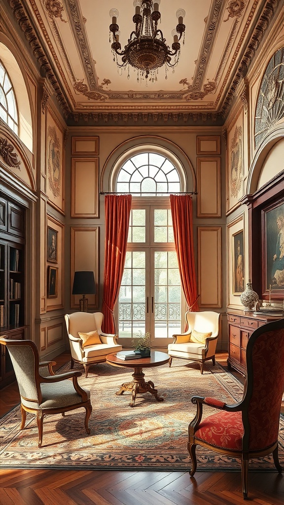 A beautifully designed home office with neoclassical architecture elements, featuring high ceilings, elegant furniture, and large windows.