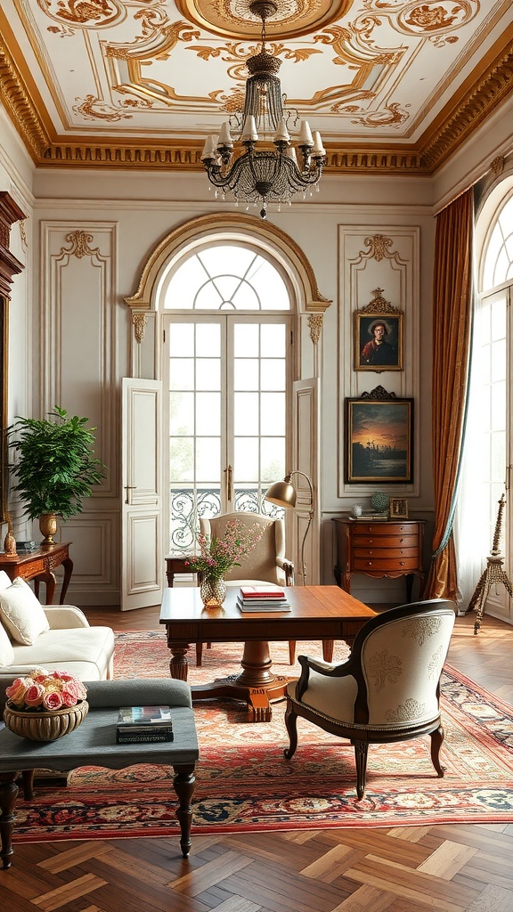 A luxurious home office designed in Chateau Style with intricate ceiling, elegant furniture, and large windows.