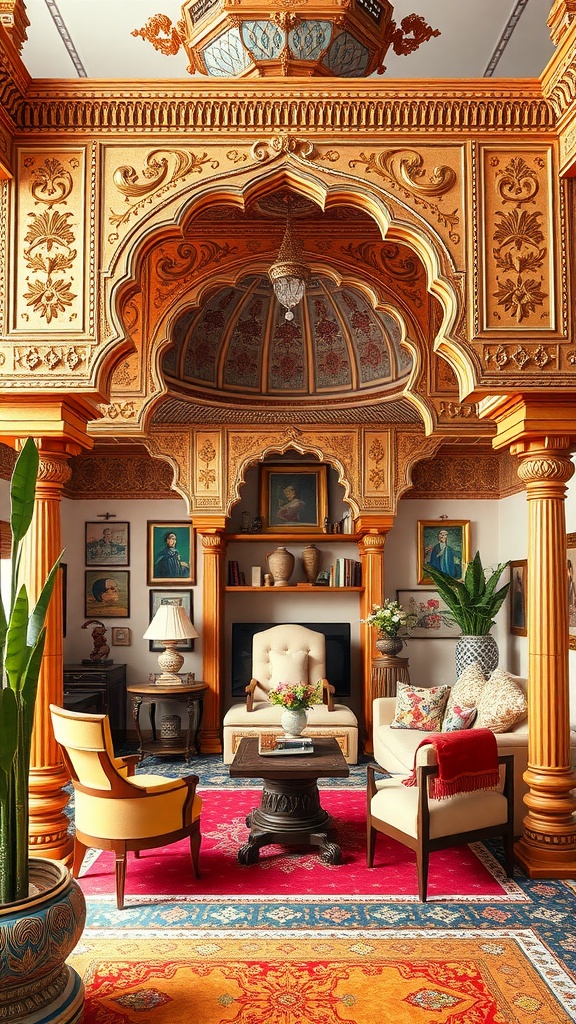 Chhatri-inspired workspace featuring intricate wooden carvings, vibrant colors, and traditional furniture.