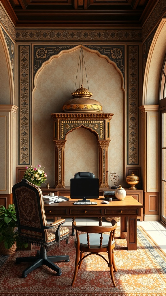 A home office featuring a decorative chhatri, showcasing Mughal architecture motifs and elegant design.