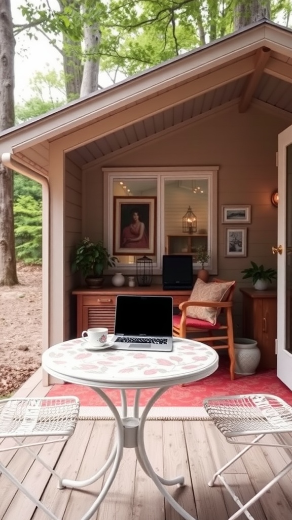 A cozy outdoor workspace featuring a chic bistro table with a laptop and coffee cup, surrounded by greenery.
