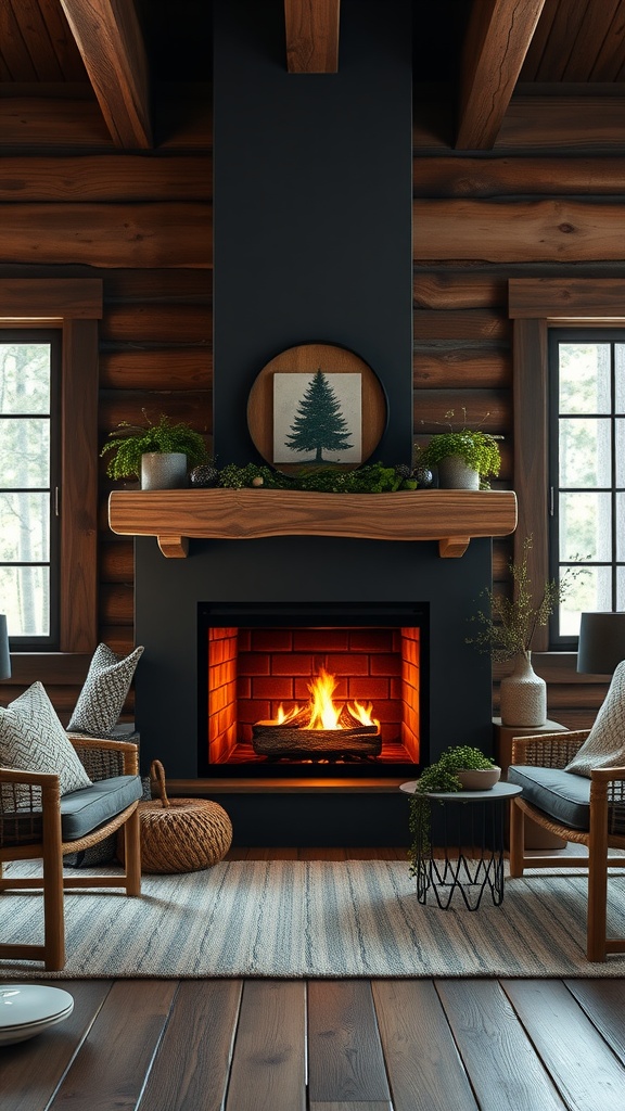 Chic black fireplace with wood accents in a rustic cabin home office