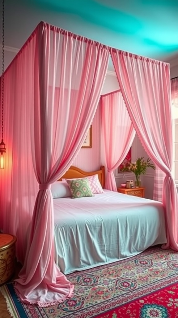 A cozy summer bedroom featuring a chic canopy bed with pink drapes and light blue bedding.