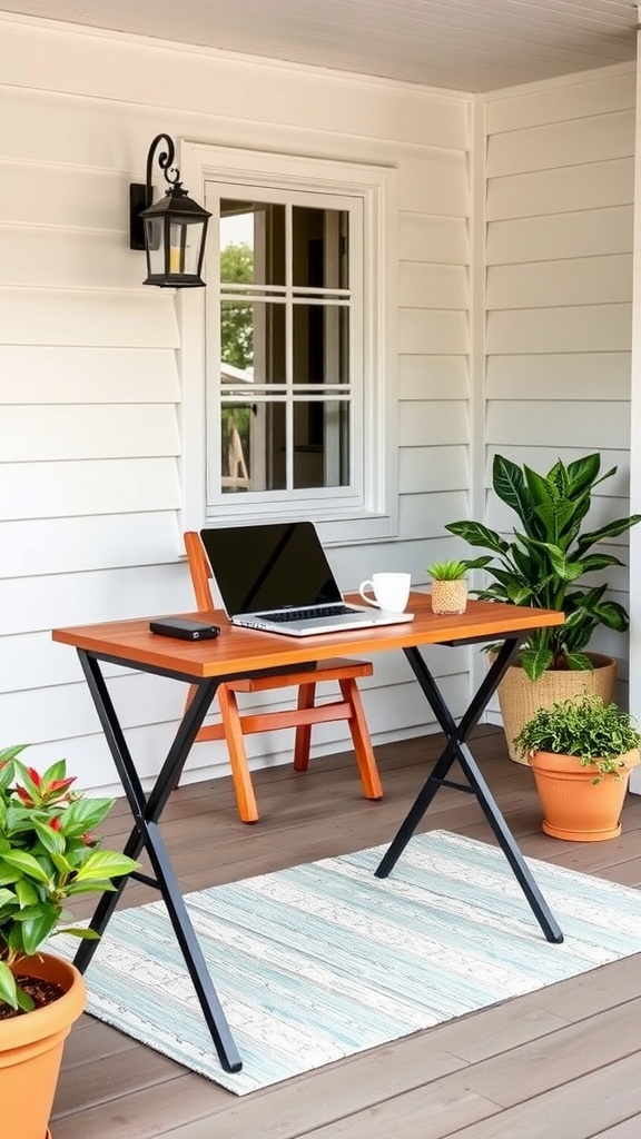 A chic folding desk setup in a summer house with large windows, a laptop, and wooden stools.