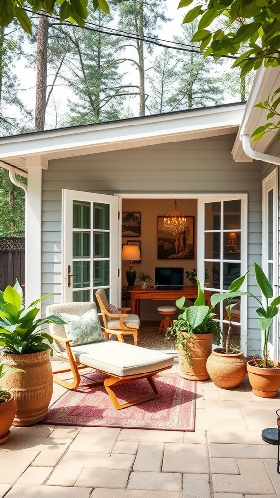 A cozy patio with a lounge chair, plants, and an inviting home office setup.
