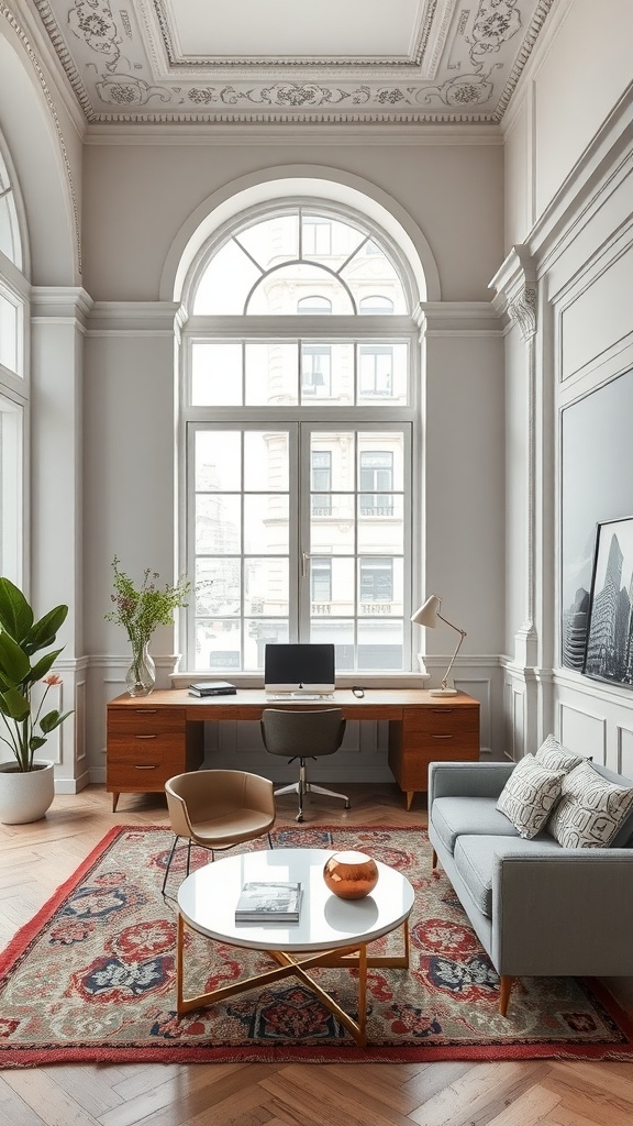 A chic urban home office featuring classical architecture elements, high ceilings, and modern furniture.