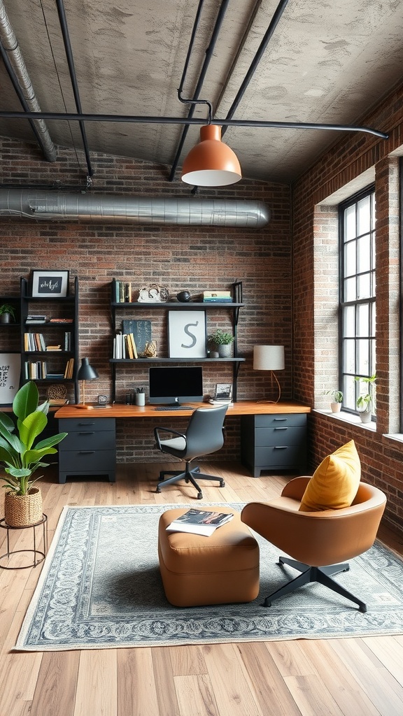 A chic urban loft with high wooden ceilings, brick walls, and plants, featuring a cozy seating area and a warm, inviting atmosphere.