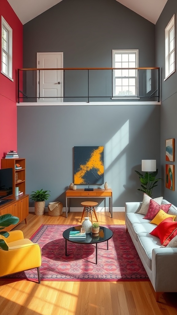 A stylish double height living room featuring a mix of red and gray walls, modern furniture, and bright accents.