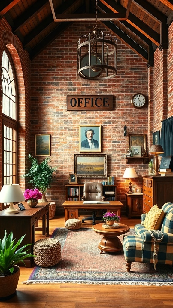 A rustic office with red brick walls, wooden furniture, and a cozy atmosphere.